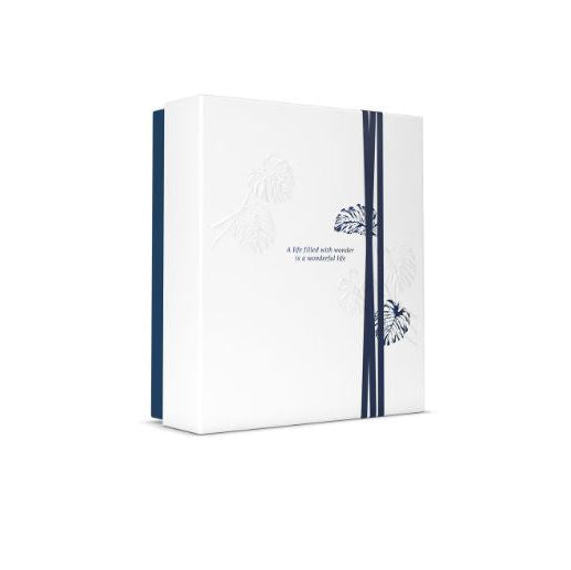 White box with blue accents on a white background