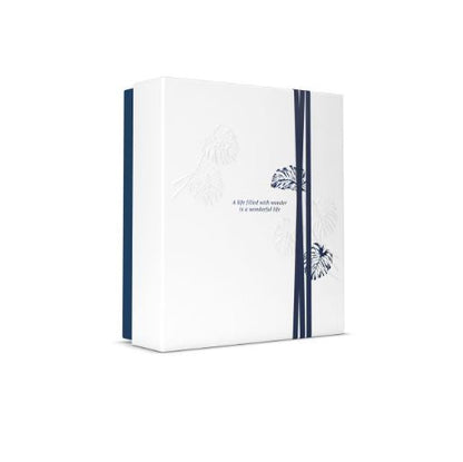 White box with blue accents on a white background