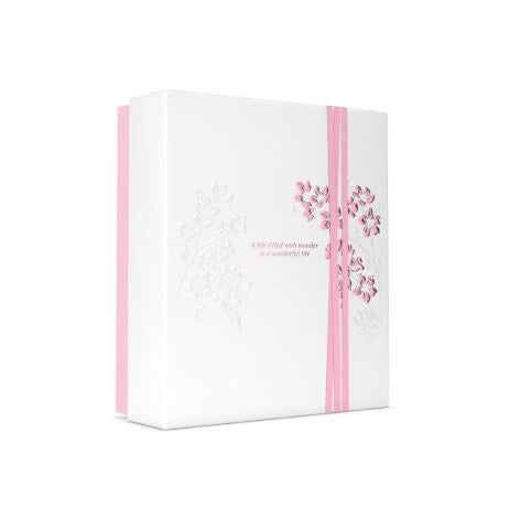 White box with pink floral design and text on a white background