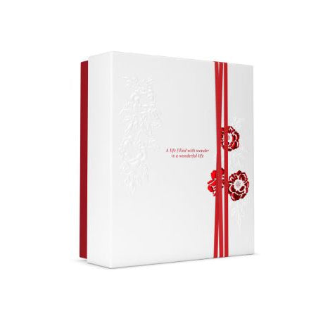 White gift box with red accents and floral design on a white background