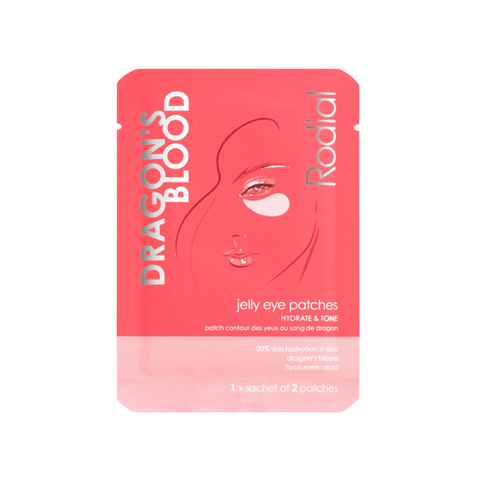 Dragon's Blood jelly eye patches packaging with a face illustration on a white background