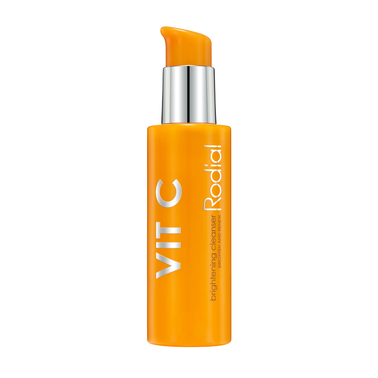 Orange skincare product with silver cap on a white background