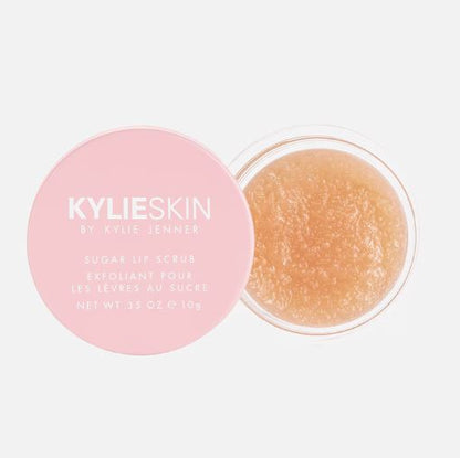 Kylie Skin sugar lip scrub with pink packaging on a white background