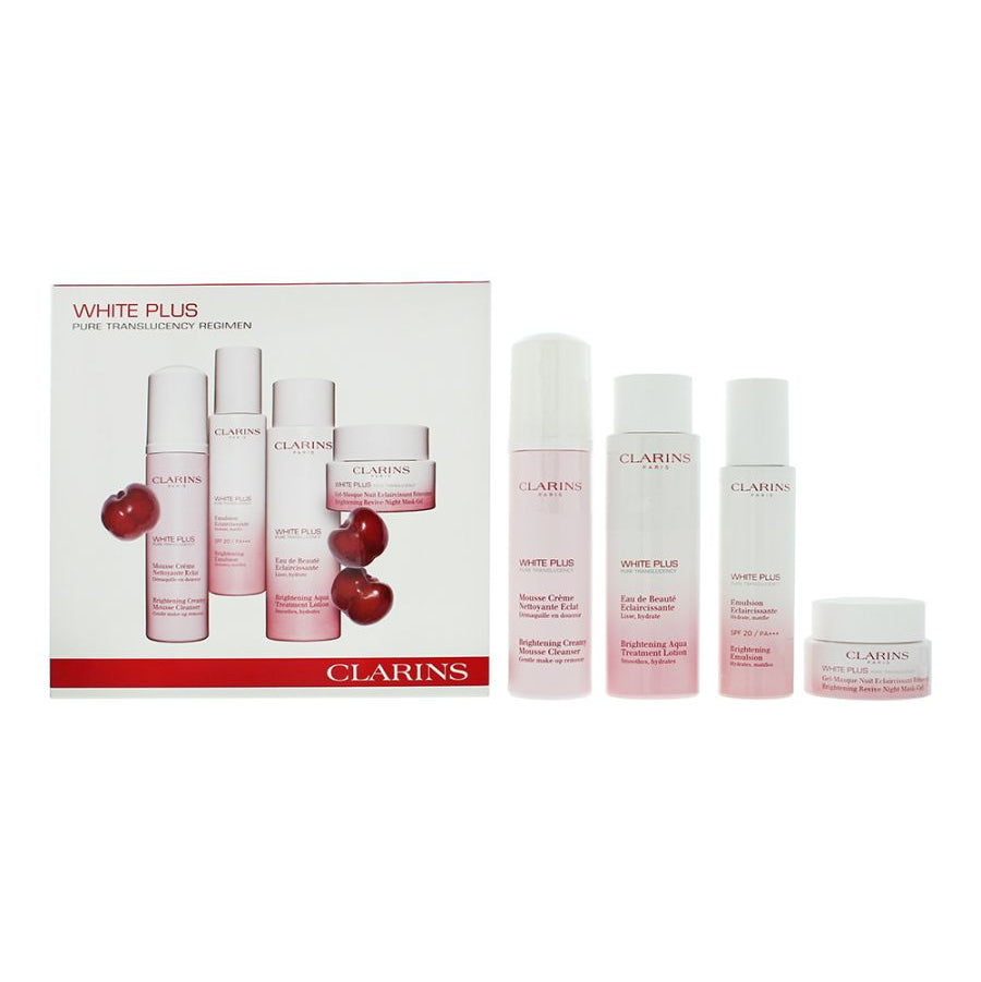 Clarins White Plus skincare product set on a white background