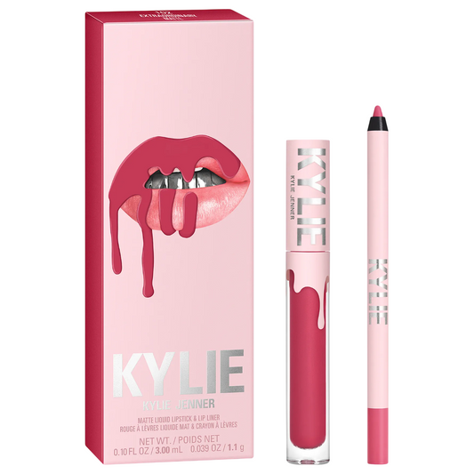 Kylie lip product set with pink packaging and lip-shaped design on a white background
