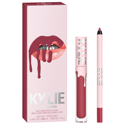 Kylie lip kit with lip gloss, lip liner, and packaging on a white background