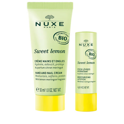 Nuxe Sweet Lemon hand and nail cream and lip stick on a white background