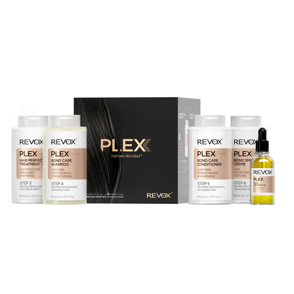 Revox PLEX hair care product set on a white background