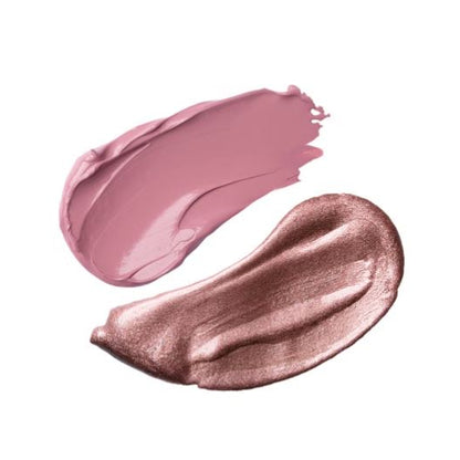 Two swatches of pink and rose gold makeup on a white background