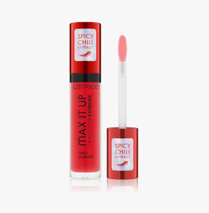 Catrice spicy chili extract lip gloss with applicator on a white background