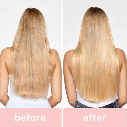 Before and after comparison of long blonde hair on a person against a white background.