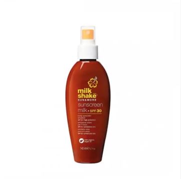 Sunscreen bottle with 'Milshake' branding on a white background