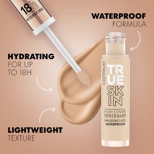 Catrice True Skin High Cover Concealer with applicator and product details on a beige background