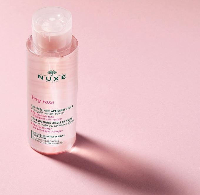 Nuxe Very Rose micellar water bottle on a pink background