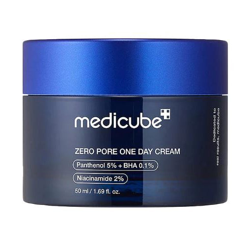 Blue jar of Medicube Zero Pore One Day Cream on a white background